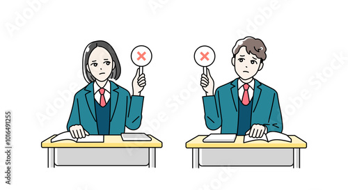 まるばつ札をあげる高校生の男女のイラスト