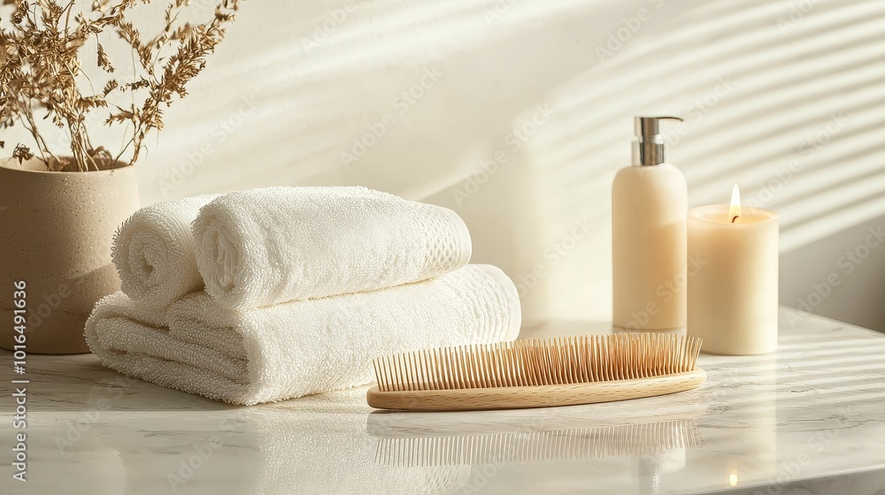 Hairbrush, comb, and styling cream elegantly arranged on a marble vanity, surrounded by fresh towels and candles Hairbrush, comb, and styling cream elegantly arranged on a marble vanity, surrounded by fresh towels and candles