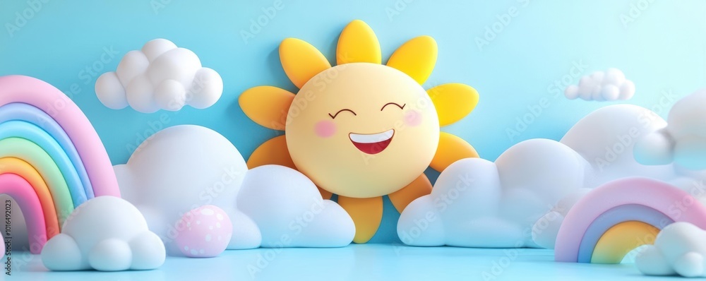Cheerful 3D world with a happy sun, fluffy clouds, and bright rainbow, playful and whimsical scene, empty space for advertising Cheerful 3D world with a happy sun, fluffy clouds, and bright rainbow, playful and whimsical scene, empty space for advertising