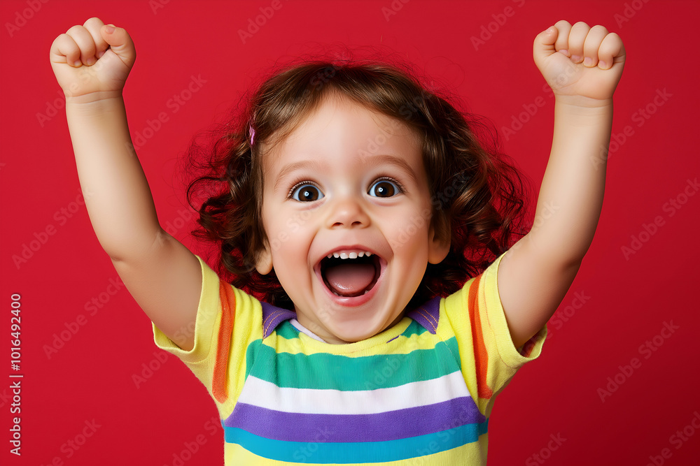 Joyful girl with curly hair celebrates with arms raised against a red background, exuding happiness and excitement Joyful girl with curly hair celebrates with arms raised against a red background, exuding happiness and excitement