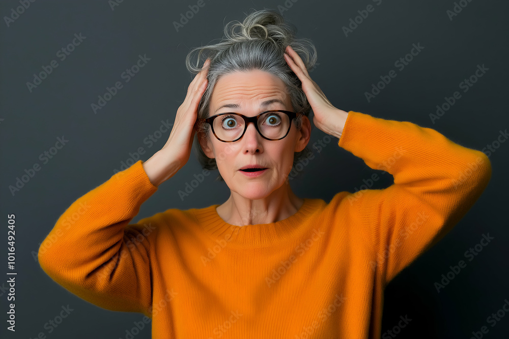 Mature woman with grey hair and glasses reacts with surprise to unexpected news. Showing a mix of worry. Astonishment. And disbelief. In a studio setting against a grey background Mature woman with grey hair and glasses reacts with surprise to unexpected news. Showing a mix of worry. Astonishment. And disbelief. In a studio setting against a grey background