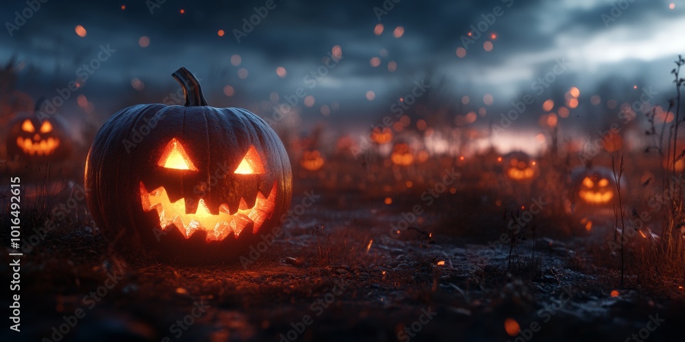 Eerie pumpkin patch at twilight, illuminated carved pumpkins casting a warm glow, backdrop of a softly blurred night sky Eerie pumpkin patch at twilight, illuminated carved pumpkins casting a warm glow, backdrop of a softly blurred night sky