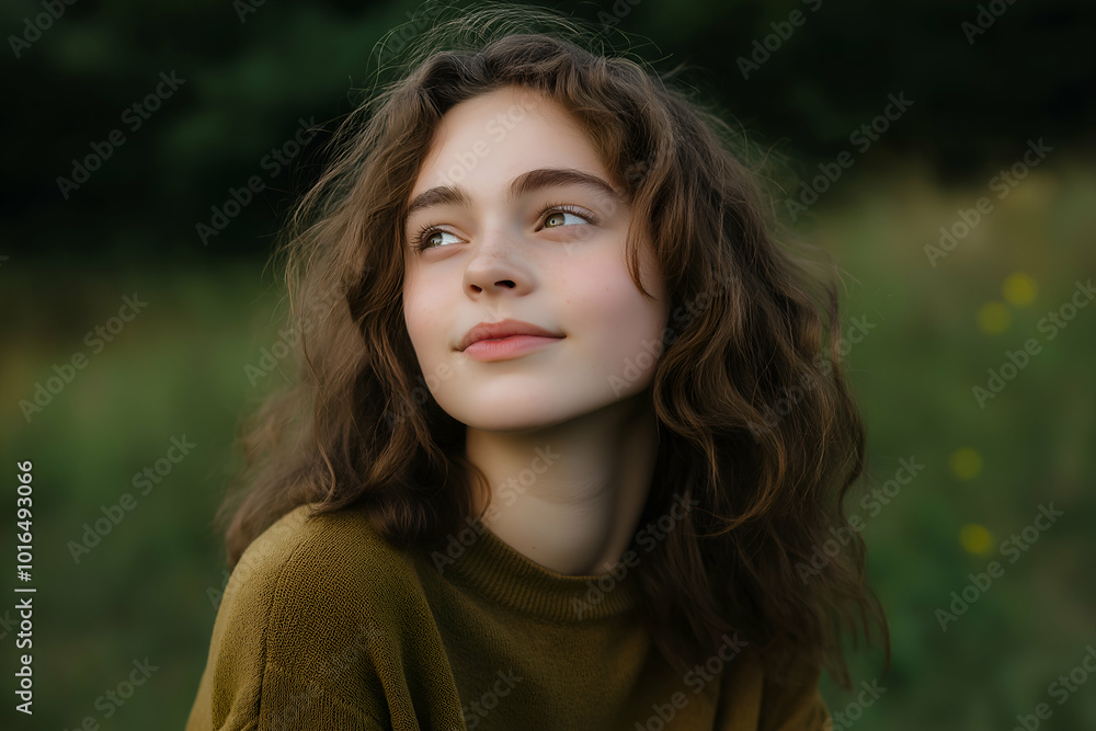 Young woman with curly hair enjoys the outdoors in a lush park, exuding happiness and relaxation amidst nature's serene beauty Young woman with curly hair enjoys the outdoors in a lush park, exuding happiness and relaxation amidst nature's serene beauty