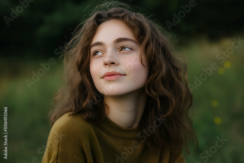 Young woman with curly hair enjoys the outdoors in a lush park, exuding happiness and relaxation amidst nature's serene beauty