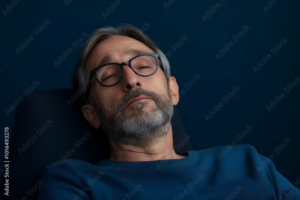 Fototapeta premium Businessman with a salt and pepper beard is taking a break from work, resting in his office chair with his eyes closed