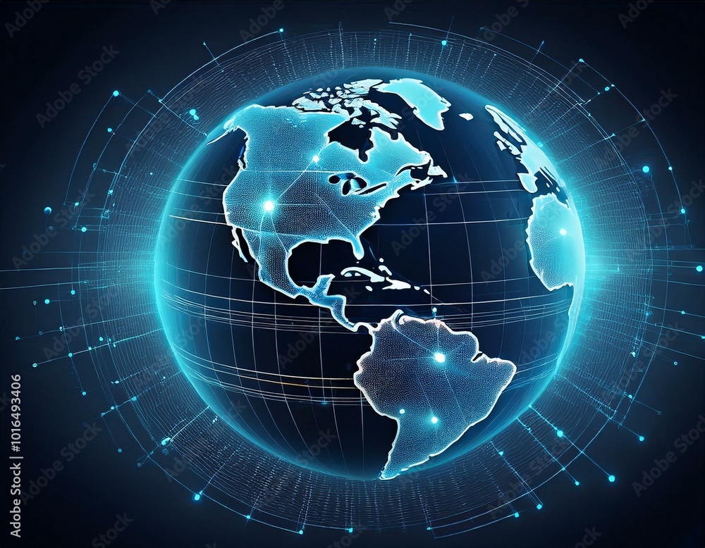 The globe is illuminated with digital connections, showcasing global data networks in a striking blue color against a dark background The globe is illuminated with digital connections, showcasing global data networks in a striking blue color against a dark background