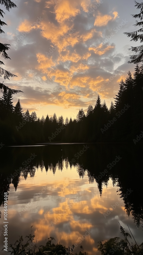 Tranquil Sunset Reflections Over a Forest Lake with Dramatic Sky Tranquil Sunset Reflections Over a Forest Lake with Dramatic Sky