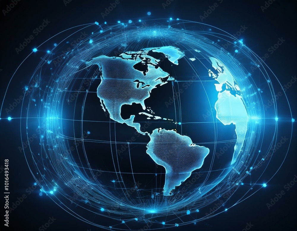 The globe is illuminated with digital connections, showcasing global data networks in a striking blue color against a dark background The globe is illuminated with digital connections, showcasing global data networks in a striking blue color against a dark background