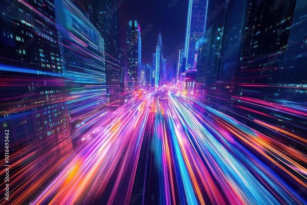 Speed light trails lights futuristic cityscape. Speed light trails lights futuristic cityscape.