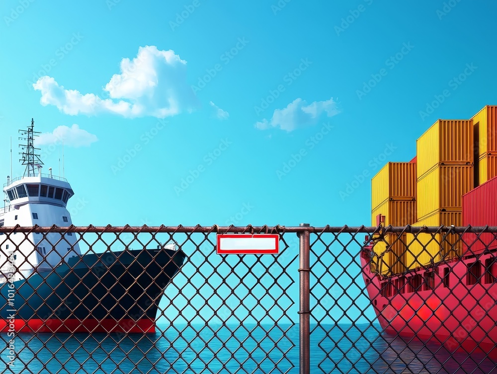 Shipping vessels at port against a clear blue sky, with a fence in the foreground. Shipping vessels at port against a clear blue sky, with a fence in the foreground.