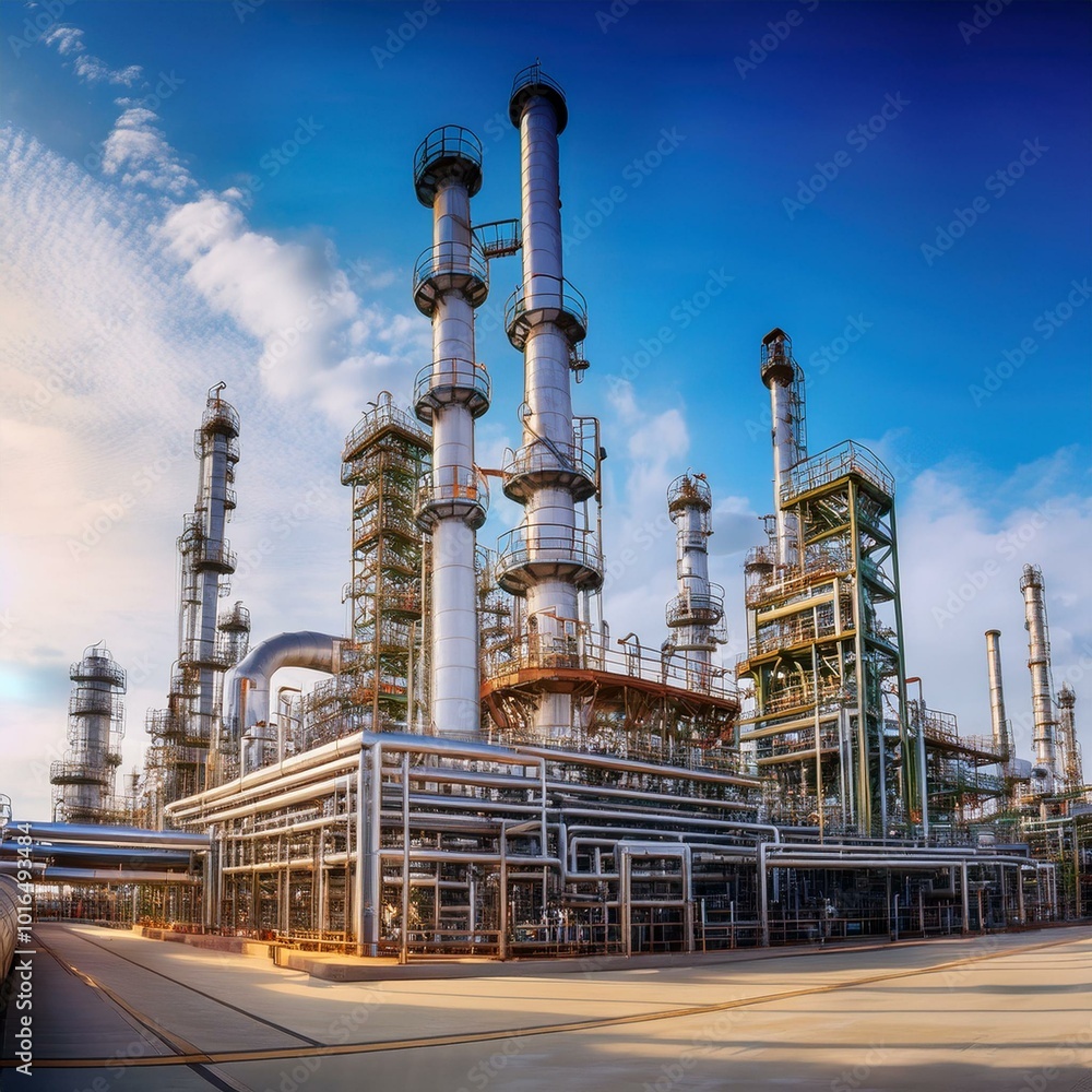 Fototapeta premium the towering structures and intricate network of pipes and machinery at an oil refinery, highlighting the scale and complexity of the petrochemical industry.