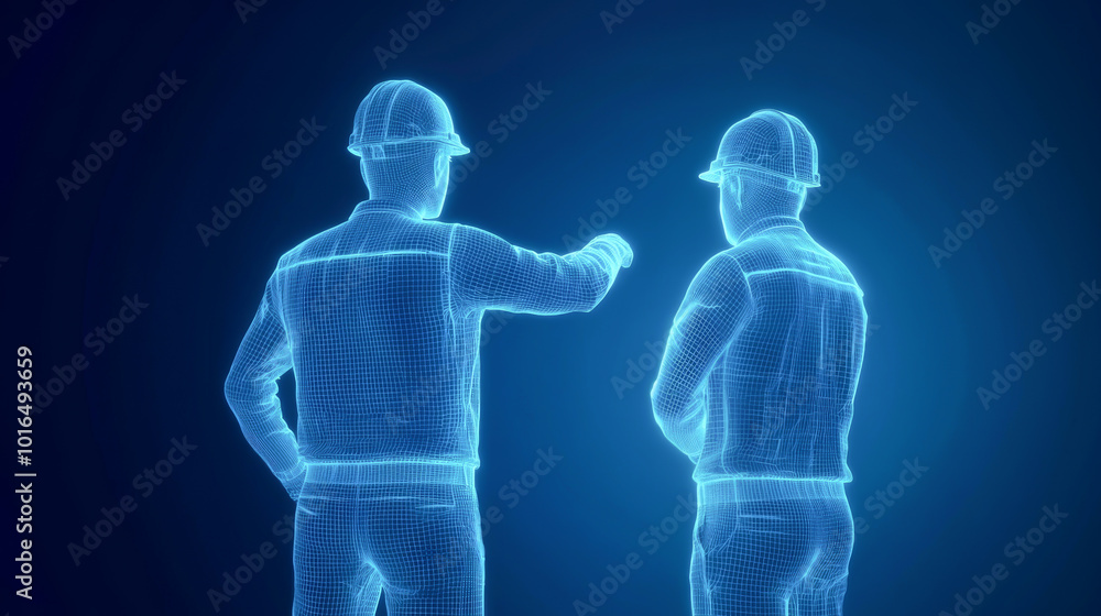 Two construction workers in holographic form discussing a project with a digital backdrop. Two construction workers in holographic form discussing a project with a digital backdrop.