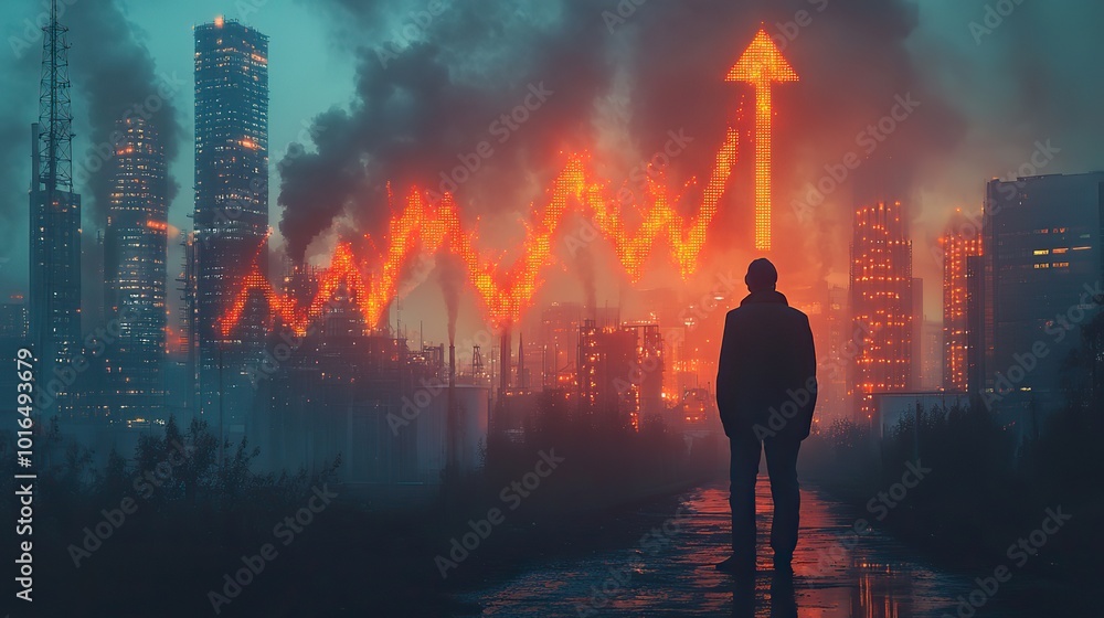 Fototapeta premium an upward pointing arrow graphic overlaying an industrial factory scene symbolizing increasing co2 pollution and carbon emissions against a hazy polluted sky backdrop.create by F.a