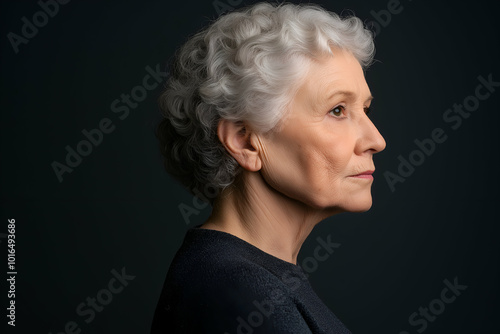 Side view of a senior caucasian woman with grey hair posing on a dark background, her face showing signs of age and experience