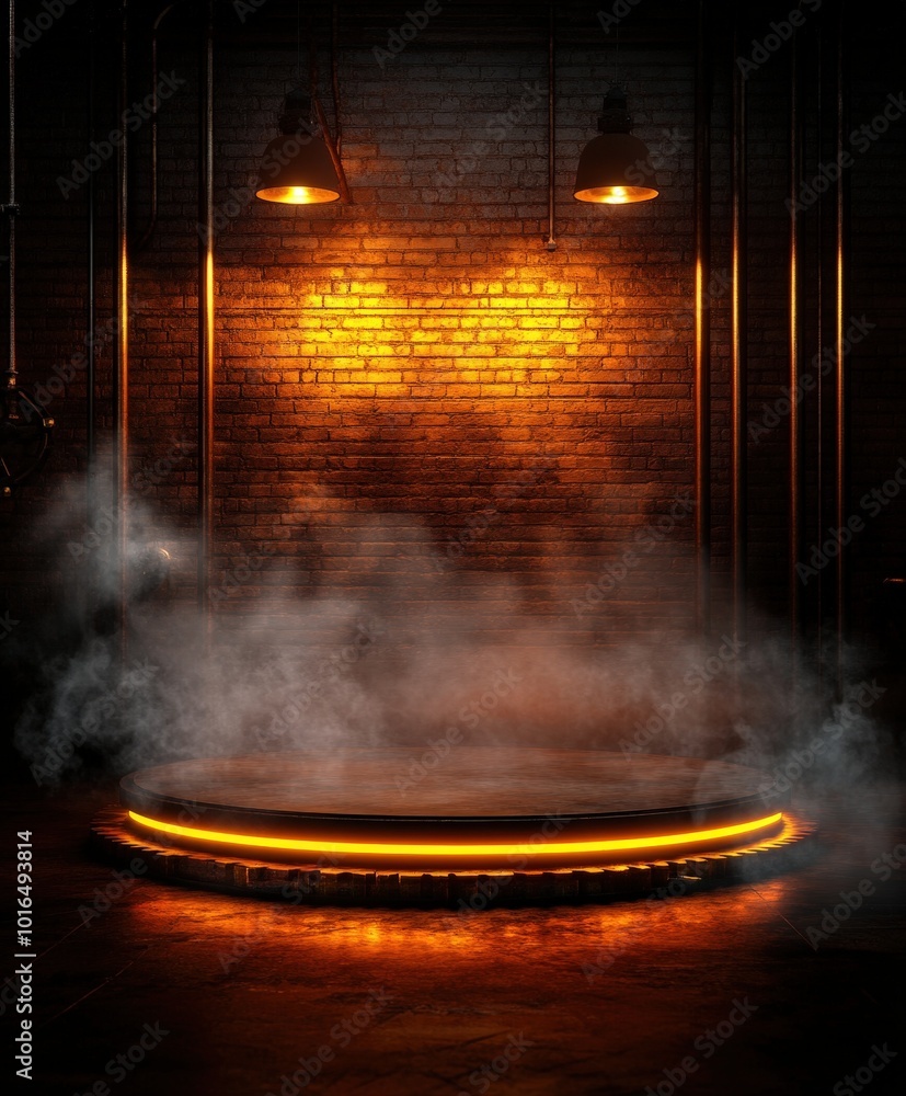 Obraz premium Glowing Stage With Smoke and Brick Wall Background.