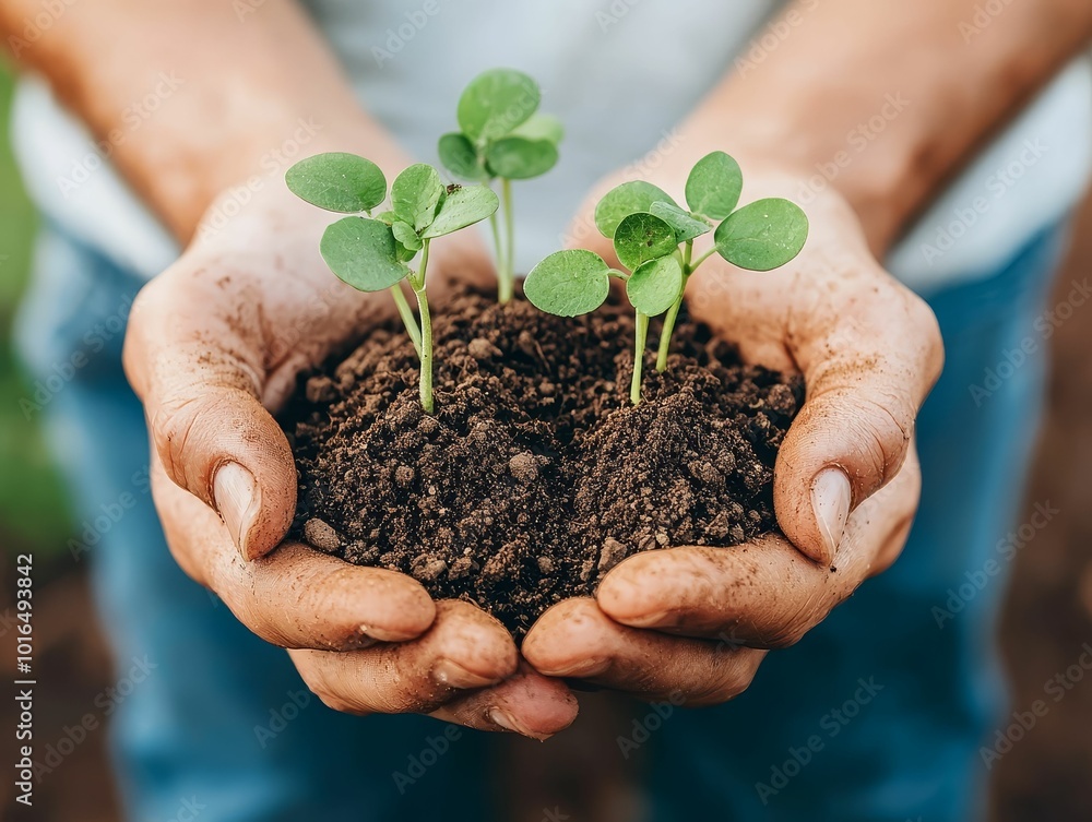 Farmer's hands holding rich soil with seedlings, symbolizing sustainability and organic food growth Farmer's hands holding rich soil with seedlings, symbolizing sustainability and organic food growth