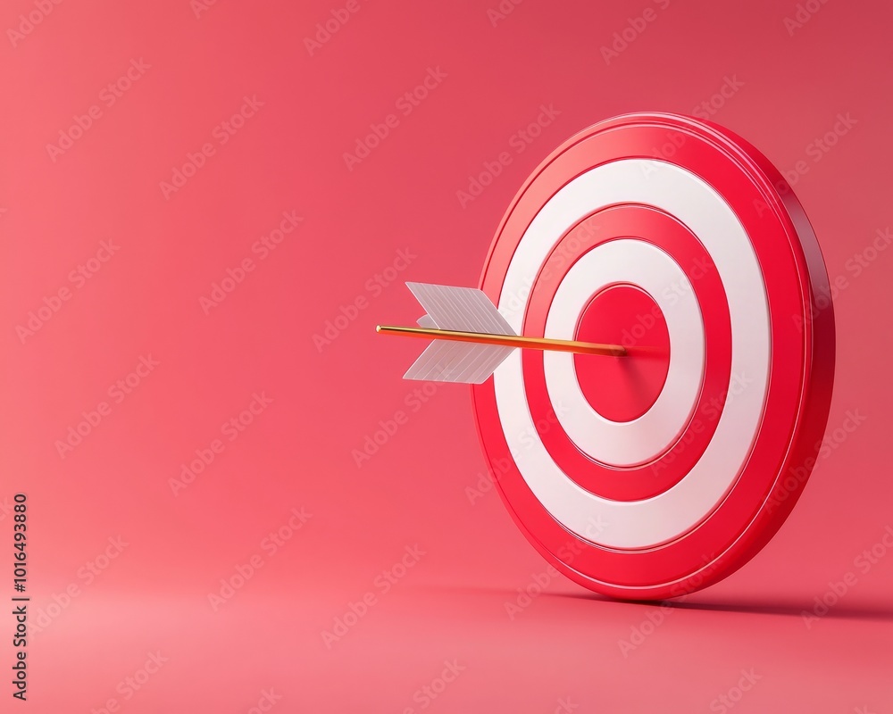 Red target with arrow on pink background, symbolizing success and goal achievement. Red target with arrow on pink background, symbolizing success and goal achievement.