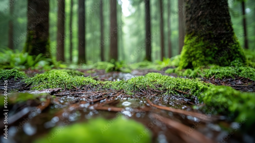 A serene forest scene with a rain-soaked floor featuring lush green moss and scattered pine needles, capturing the essence of nature's refreshing tranquility. A serene forest scene with a rain-soaked floor featuring lush green moss and scattered pine needles, capturing the essence of nature's refreshing tranquility.