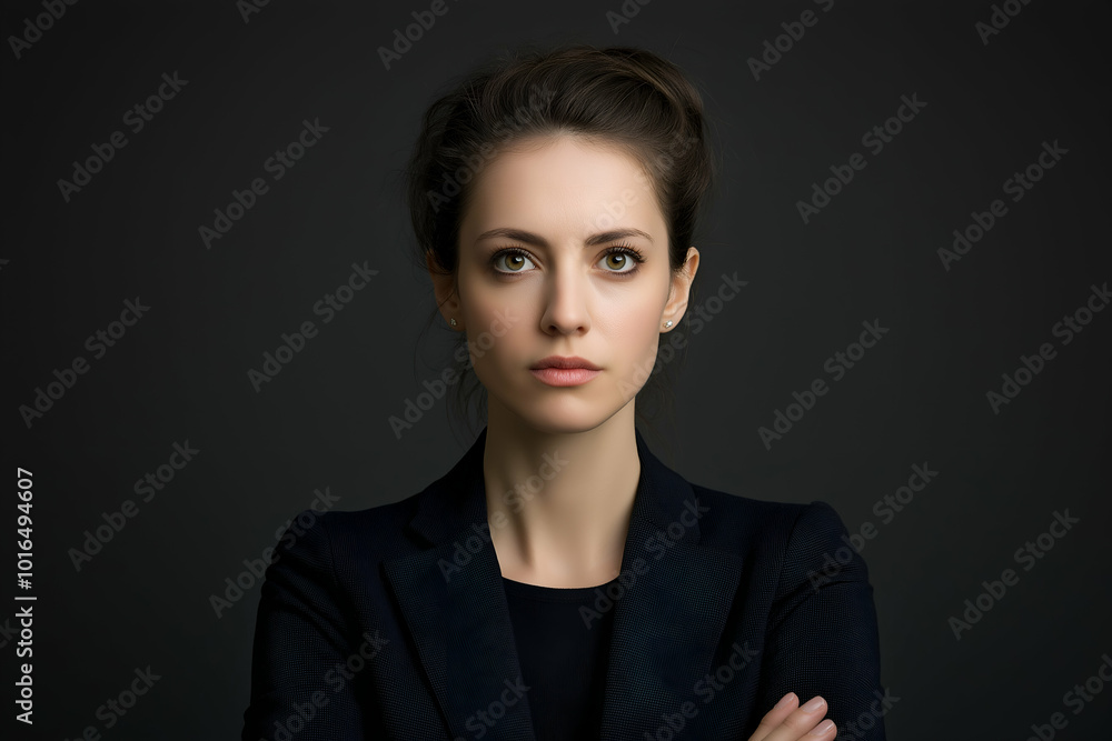 Determined young businesswoman in professional attire, standing with crossed arms against a black background exudes confidence and leadership. Ideal for corporate concepts Determined young businesswoman in professional attire, standing with crossed arms against a black background exudes confidence and leadership. Ideal for corporate concepts
