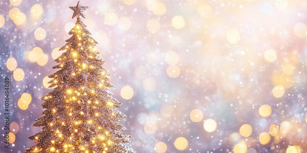 A beautifully lit retro Christmas tree adorned with lights, standing against a softly blurred background of warm holiday colors A beautifully lit retro Christmas tree adorned with lights, standing against a softly blurred background of warm holiday colors
