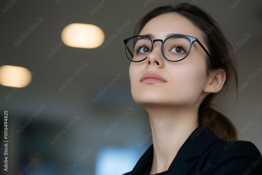Thoughtful young businesswoman with glasses gazes upwards, contemplating her future vision Thoughtful young businesswoman with glasses gazes upwards, contemplating her future vision
