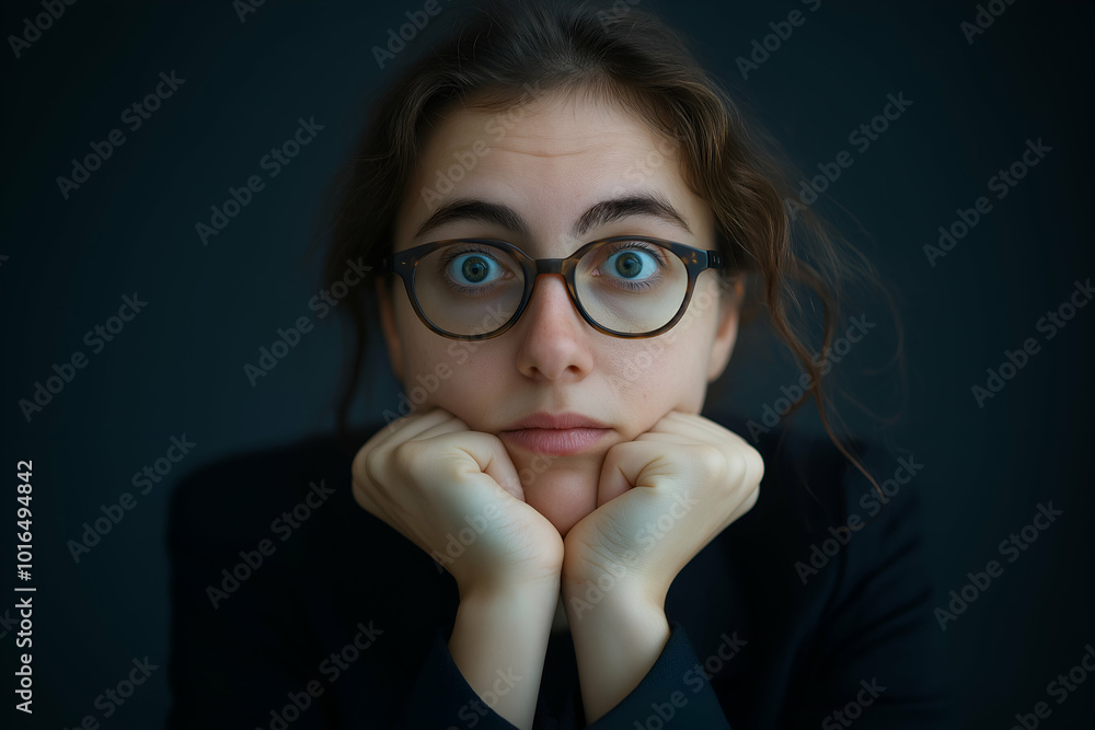 Anxious businesswoman with eyes wide open, resting her chin on her hands, displays worry in a corporate environment with a dark blue backdrop Anxious businesswoman with eyes wide open, resting her chin on her hands, displays worry in a corporate environment with a dark blue backdrop