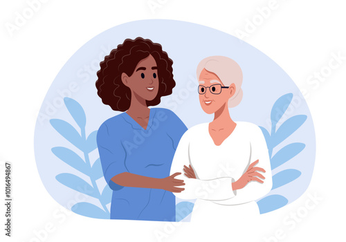 National Family Caregivers Month. Caregiver Appreciation Day. Elderly woman is grateful to the caretaker for her help in the nursing home. Vector flat illustration