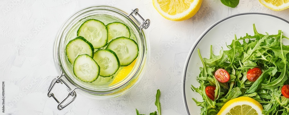 A jar of detox water with cucumber and lemon slices, next to a plate of organic salad, promoting clean eating A jar of detox water with cucumber and lemon slices, next to a plate of organic salad, promoting clean eating