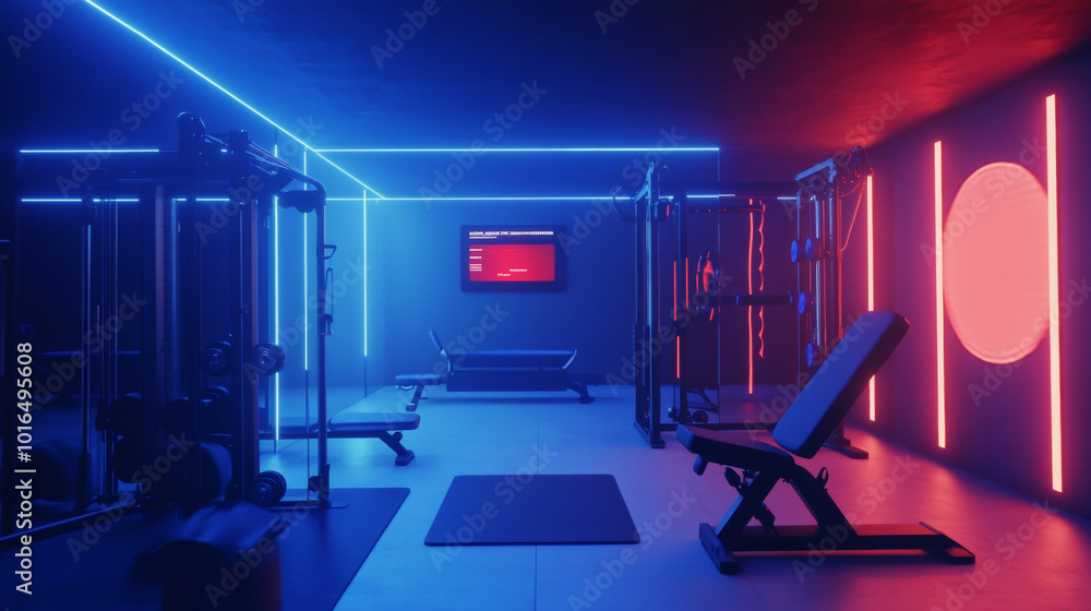 Modern Gym Atmosphere: An Innovative Fitness Space with Neon Lighting and High-Tech Equipment for an Energizing Workout Experience Modern Gym Atmosphere: An Innovative Fitness Space with Neon Lighting and High-Tech Equipment for an Energizing Workout Experience