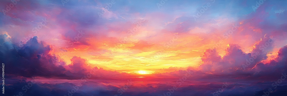 Fototapeta premium Vibrant sunset sky with soft clouds, horizon blurring into warm colors, evoking tranquility and the beauty of nature's transition