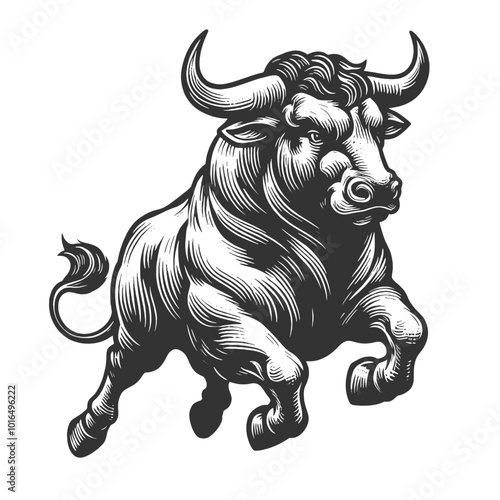 muscular bull in mid-charge, capturing strength, aggression, and motion in a bold style sketch engraving generative ai vector illustration. Scratch board imitation. Black and white image.