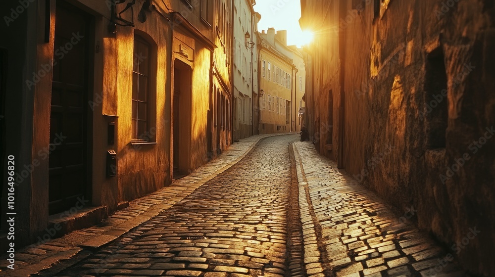 Obraz premium A narrow cobblestone street at sunset, with the golden light creating a calm, serene atmosphere and casting soft shadows