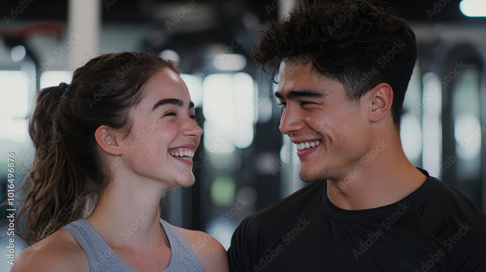 Happy couple smiling together in gym setting, showcasing joy and connection during their workout. Their expressions reflect strong bond and motivation Happy couple smiling together in gym setting, showcasing joy and connection during their workout. Their expressions reflect strong bond and motivation