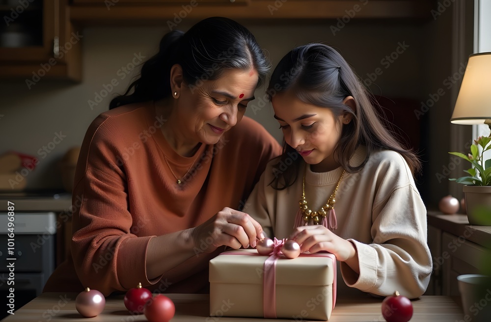 In a warm kitchen, a grandmother assists her granddaughter in carefully wrapping a gift, showcasing their bond during a joyful holiday celebration In a warm kitchen, a grandmother assists her granddaughter in carefully wrapping a gift, showcasing their bond during a joyful holiday celebration