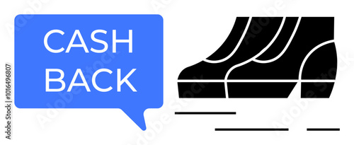 A blue notification bubble with cash back text next to a black and white running shoe. Ideal for e-commerce, promotions, finance, discounts, and online shopping. Simple modern style