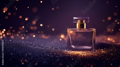 new year or christmas cosmetic background, minimalist perfume bottle on dark purple background with golden sparkling glitter