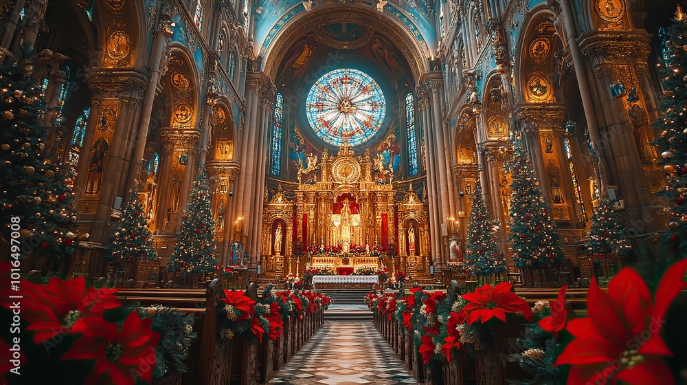 Obraz premium beautiful decorated church during the festive christmas season ornate religious symbols in catholic,lutheran cathedral altar and isle,winter decorations to celebrate birth of jesus.stock image
