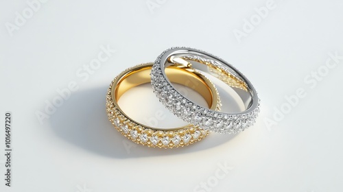 A pair of diamond-studded wedding rings, one gold and one silver, placed side by side on a white background