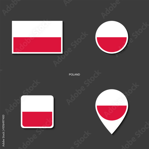 Poland flag icon set in different shape (rectangle, circle, square and marker icon) on dark grey background. Poland sticker icon collection on barely dark background	
