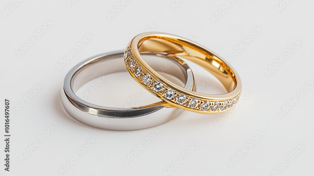 A pair of wedding rings, one gold and one silver, each with diamonds, resting elegantly on a white background A pair of wedding rings, one gold and one silver, each with diamonds, resting elegantly on a white background