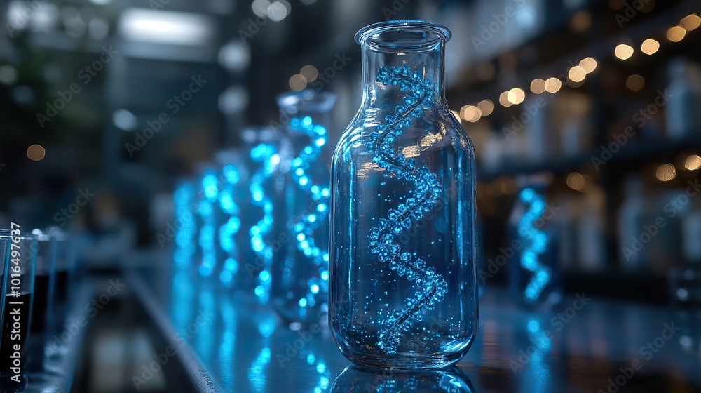 biotechnology lab,dna helix in glass containers representing genetic engineering and molecular biology.stock image biotechnology lab,dna helix in glass containers representing genetic engineering and molecular biology.stock image