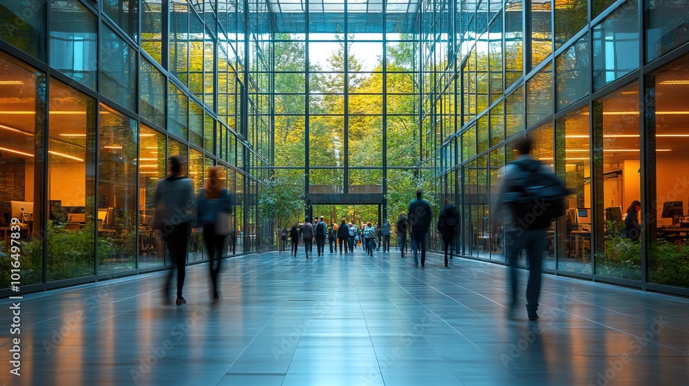 blurred motion of people walking in a modern office building,green outdoor space symbolizing business movement and sustainability.stock image blurred motion of people walking in a modern office building,green outdoor space symbolizing business movement and sustainability.stock image
