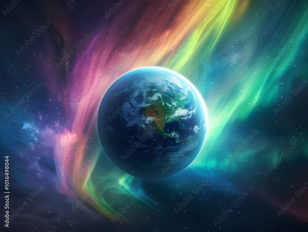 Fototapeta premium Vibrant Auroras Swirling Around a Captivating Earth from Space