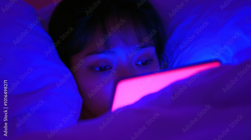 Ängstliche Frau nutzt nachts im Bett ihr Smartphone für digitale Medien und psychische Gesundheit Ängstliche Frau nutzt nachts im Bett ihr Smartphone für digitale Medien und psychische Gesundheit