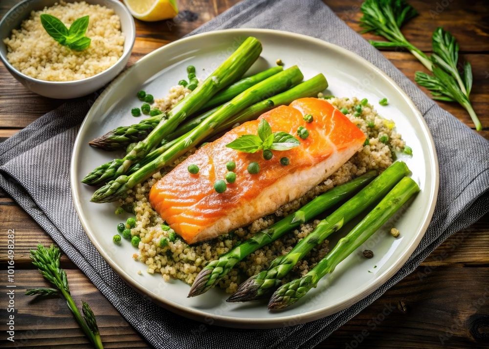 Savor a delightful dish of perfectly seasoned salmon, tender parmesan asparagus, and wholesome quinoa for a nutritious and satisfying dining experience. A true culinary delight! Savor a delightful dish of perfectly seasoned salmon, tender parmesan asparagus, and wholesome quinoa for a nutritious and satisfying dining experience. A true culinary delight!