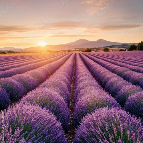 A panoramic shot of a lavender field in Provence, with rows of purple blooms stretching toward the horizon under a golden sunset