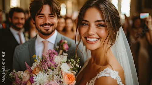 bride,groom and his friends taking selfie.stock image