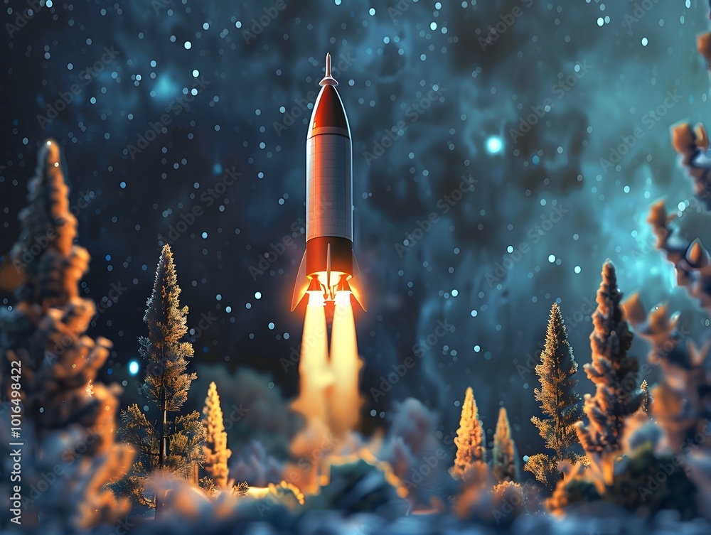 Naklejka premium Personal Rocket Launch from Backyard Launchpad Symbolizing Future Space Travel Accessibility