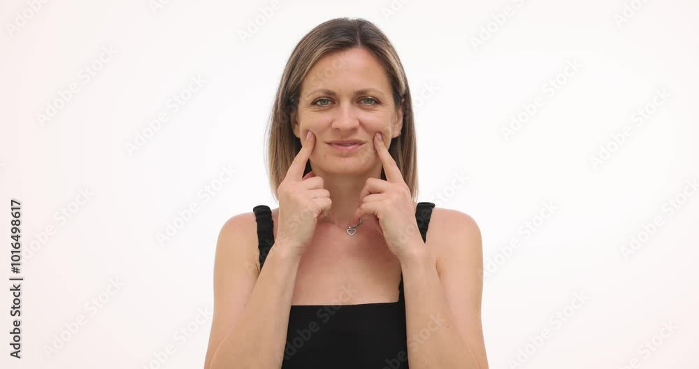 Frustrated woman pulls corners of mouth with fingers on white background. Disappointed lady in black tank top attempts to mask the sadness slow motion Frustrated woman pulls corners of mouth with fingers on white background. Disappointed lady in black tank top attempts to mask the sadness slow motion