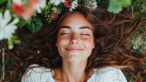 A serene woman with closed eyes lying on a lush green grass bed surrounded by delicate flowers, conveying calmness, relaxation, and connection to nature. photo